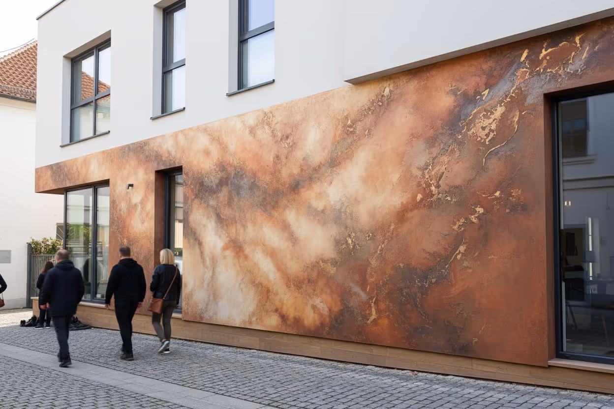 moderne geb udeau enwand mit orange braunem strukturiertem muster und drei perso