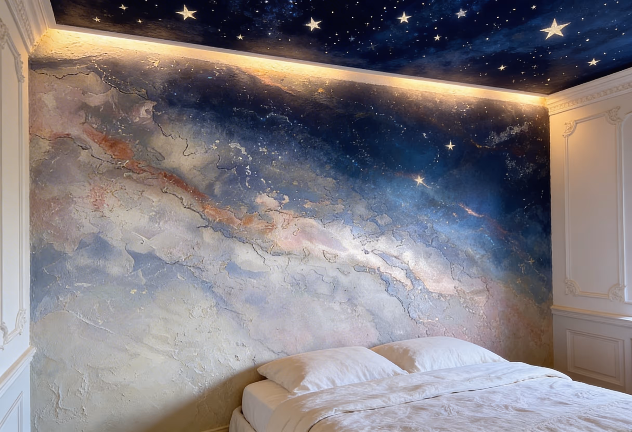 schlafzimmer mit himmel und sternenmuster an decke und wand ber dem bett